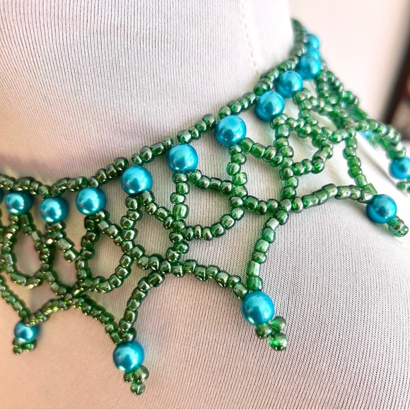 Handcrafted Beaded Choker Sea Green Green & Aqua Mermaid Boho Necklace - Picture 5 of 9